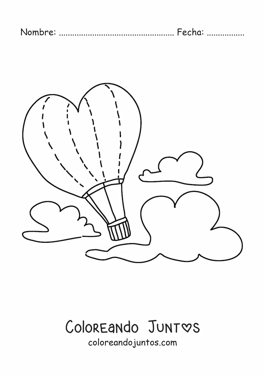 Imagen para colorear de un globo aerostático con forma de corazón en el cielo