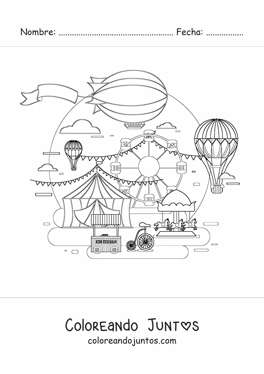 Imagen para colorear de varios globos aerostáticos volando sobre una feria