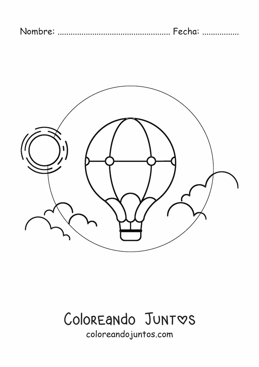 Imagen para colorear de un globo aerostático en el cielo frente al sol