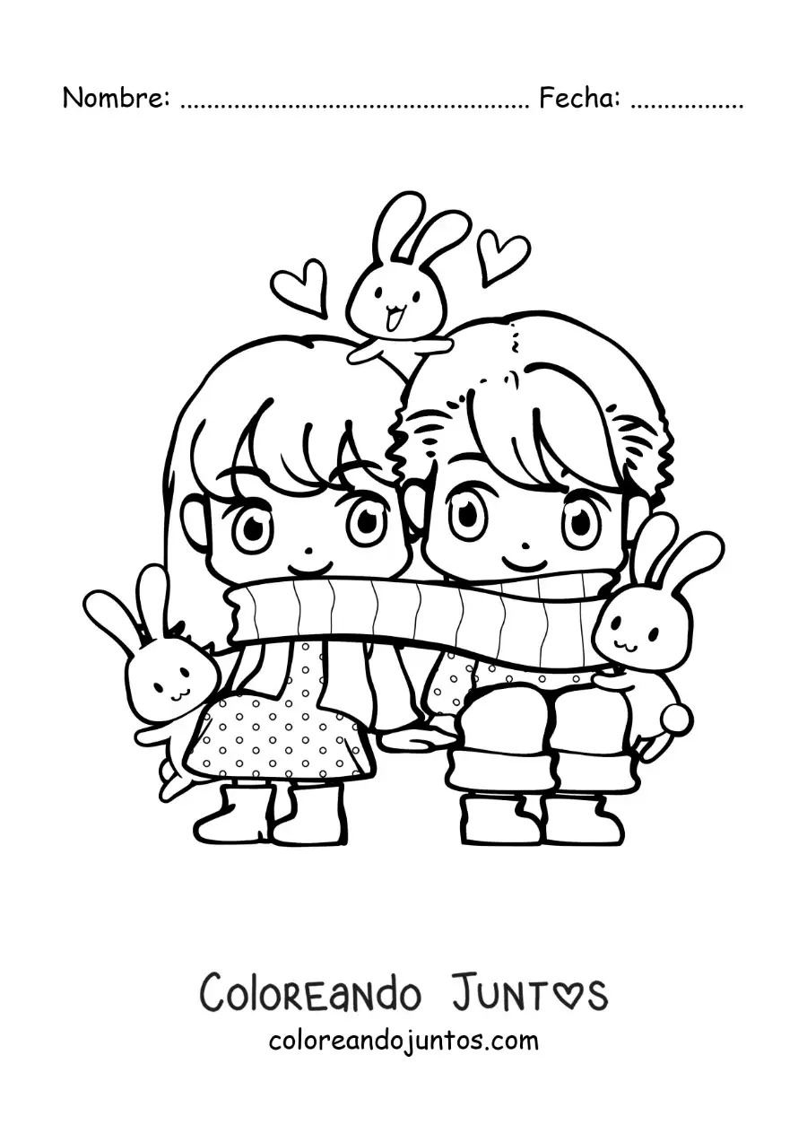 Imagen para colorear de pareja kawaii con una bufanda