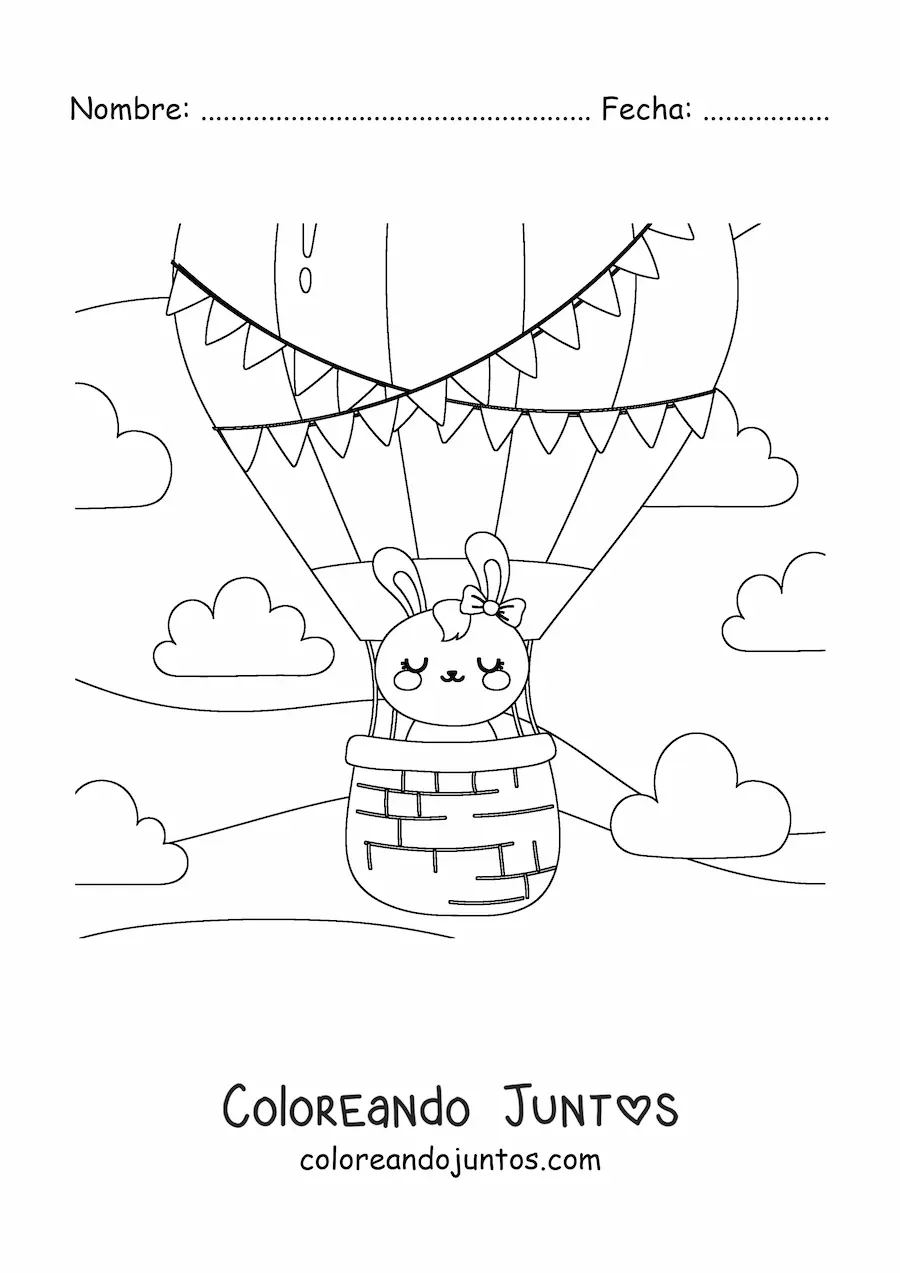 Imagen para colorear de un conejo animado kawaii en un globo aerostático