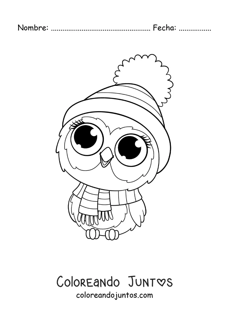 Imagen para colorear de tierno búho animado con una bufanda
