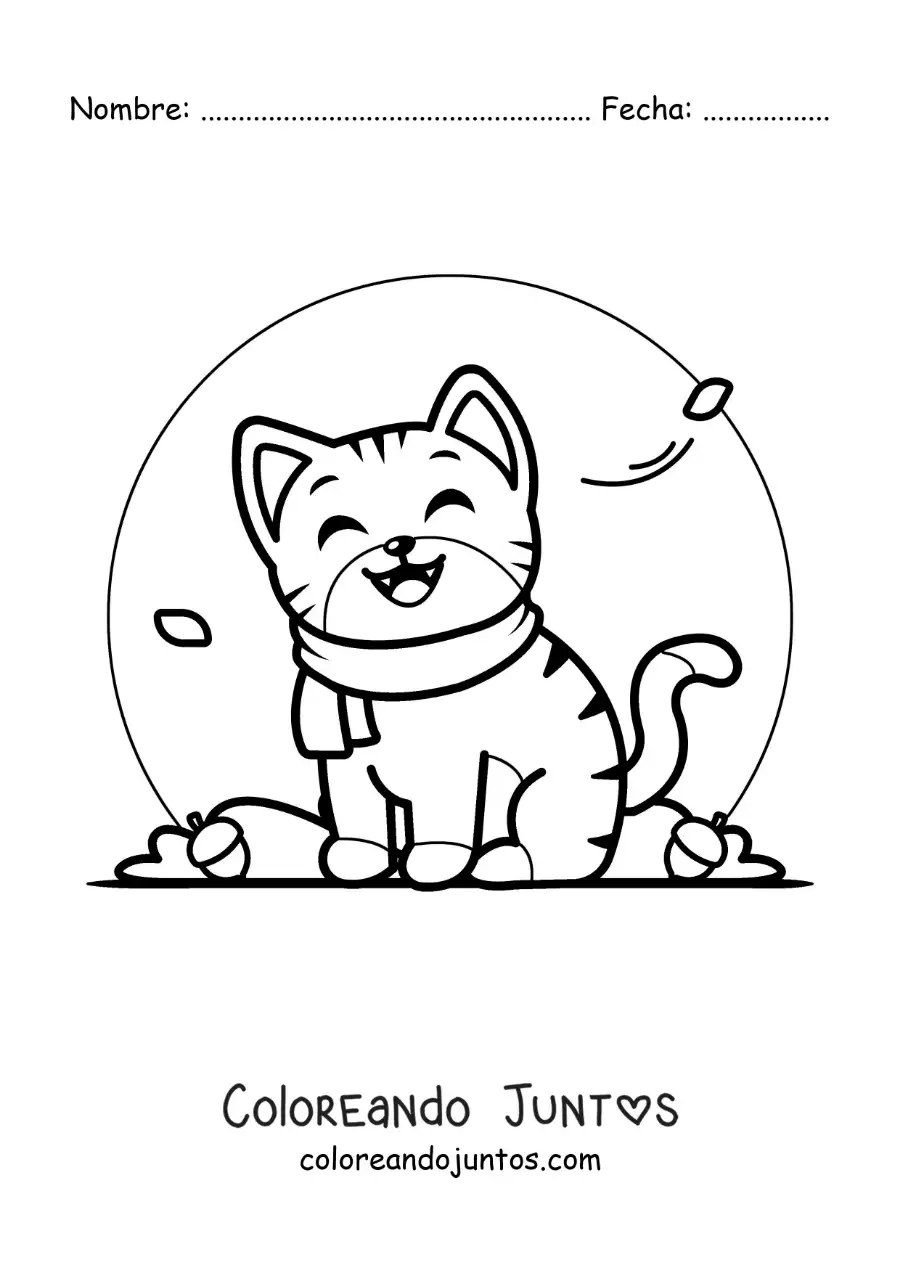 Imagen para colorear de gato animado con una bufanda en otoño