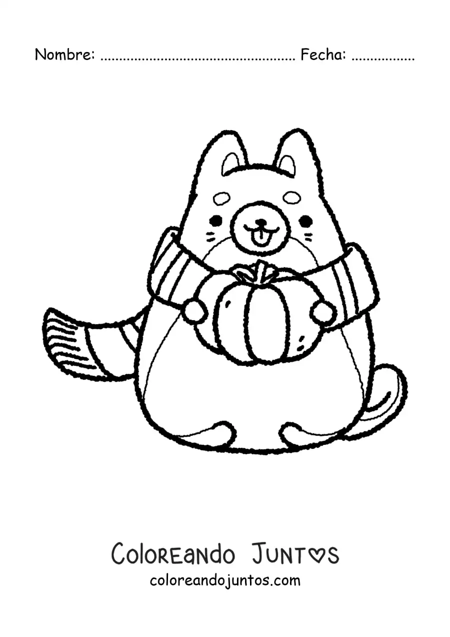Imagen para colorear de gato animado con una bufanda y una calabaza en otoño