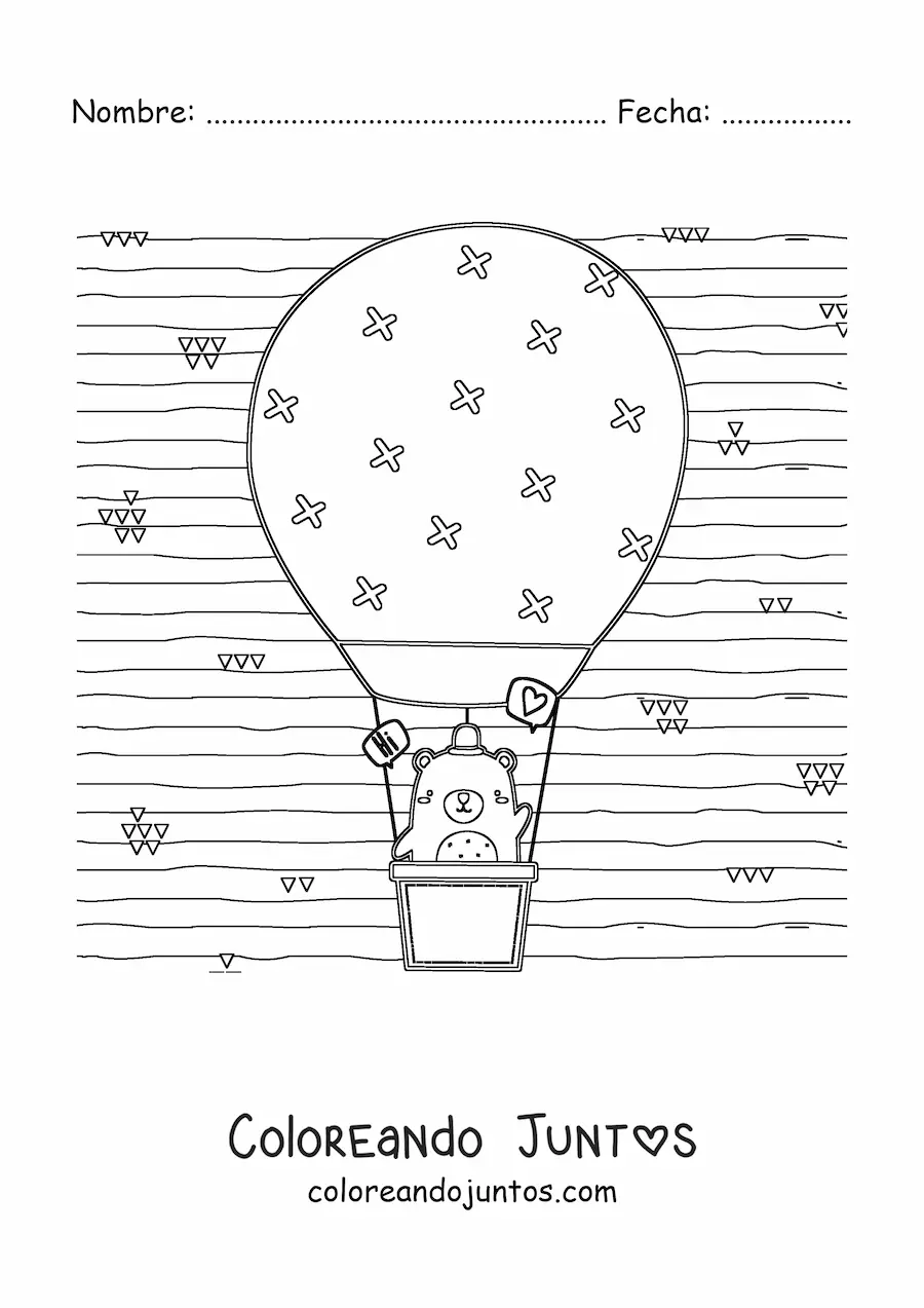 Imagen para colorear de un oso animado kawaii en un globo aerostático