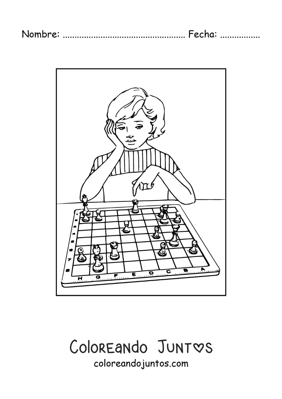 Imagen para colorear de una niña jugando ajedrez
