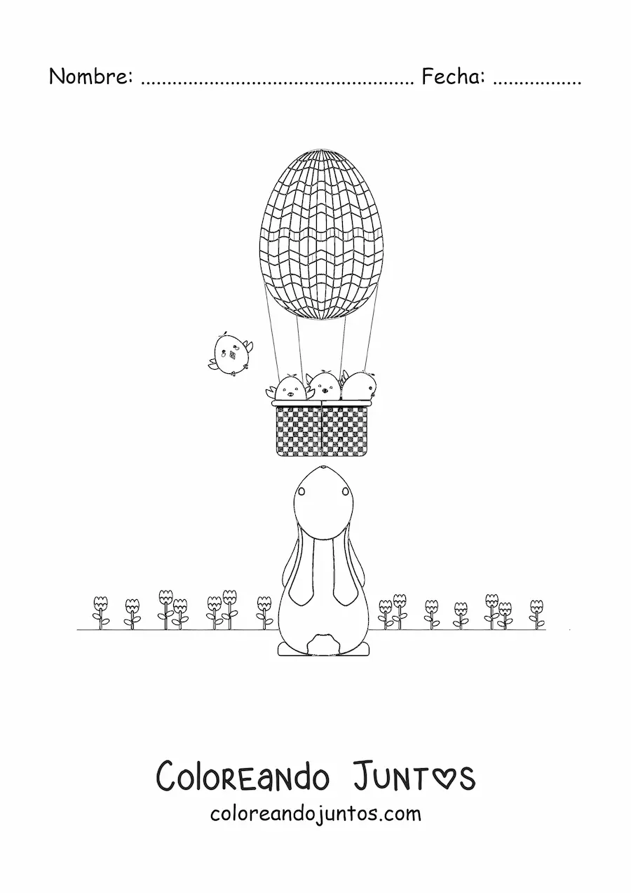 Imagen para colorear de un conejo animado y un globo aerostático de pascua