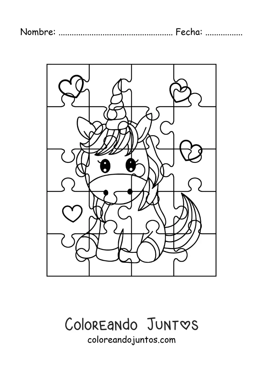 Imagen para colorear de rompecabezas recortable de un unicornio animado