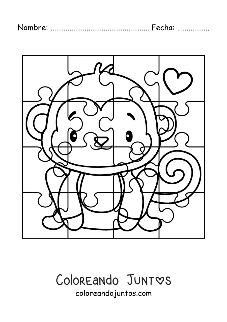 Imagen para colorear de rompecabezas recortable de un mono animado