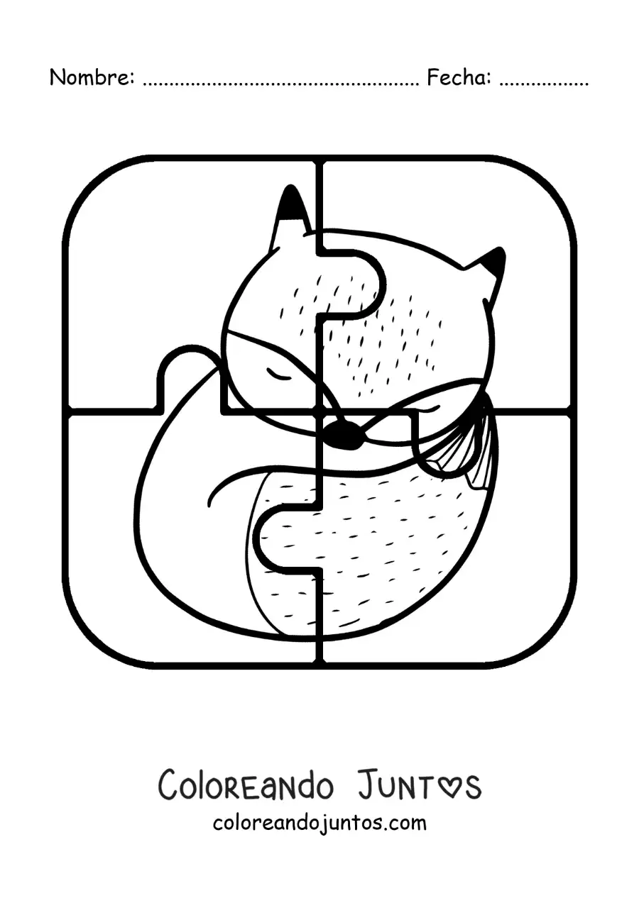 Imagen para colorear de rompecabezas recortable de 4 piezas de un zorro animado