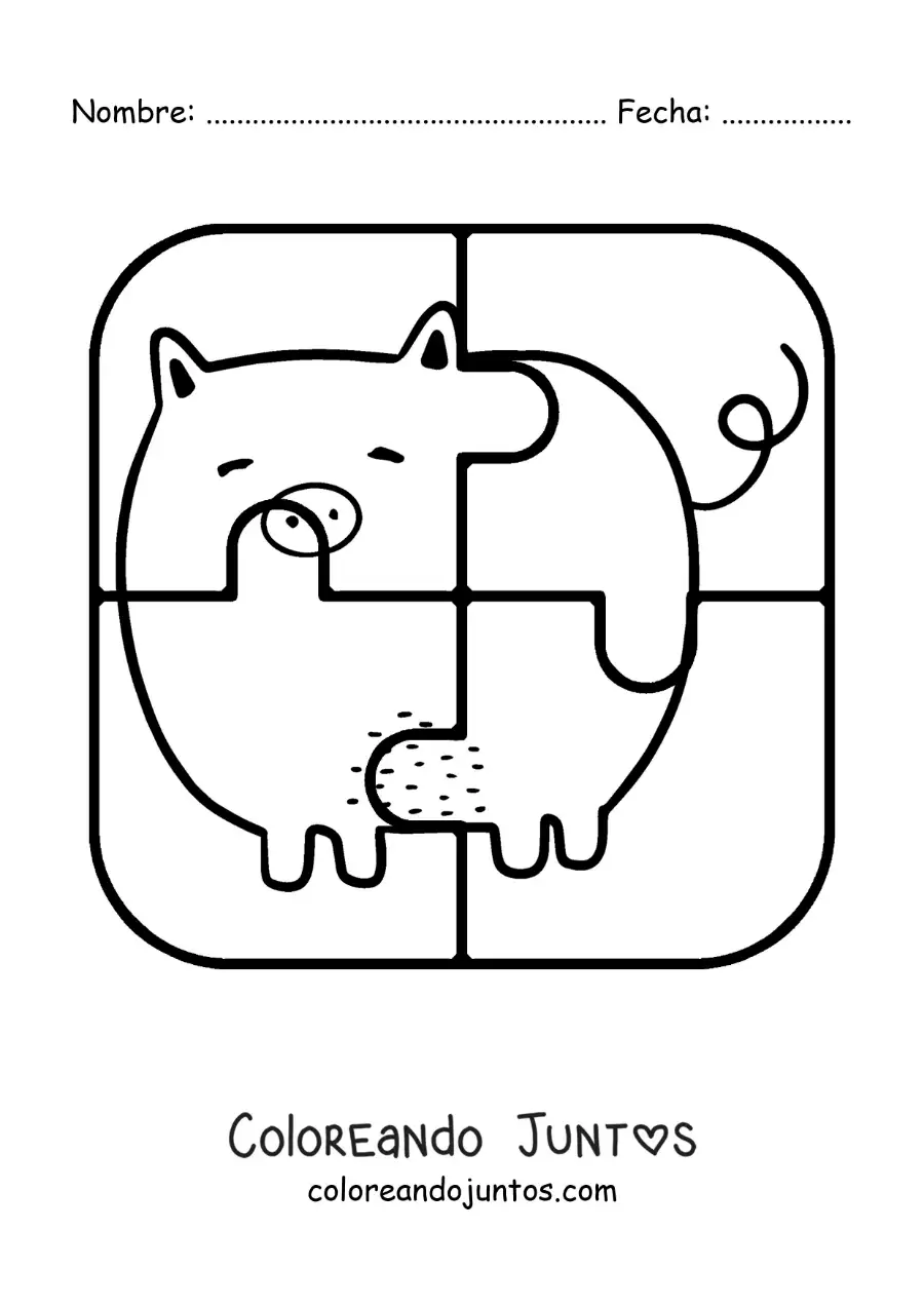 Imagen para colorear de rompecabezas recortable de 4 piezas de un cerdo animado