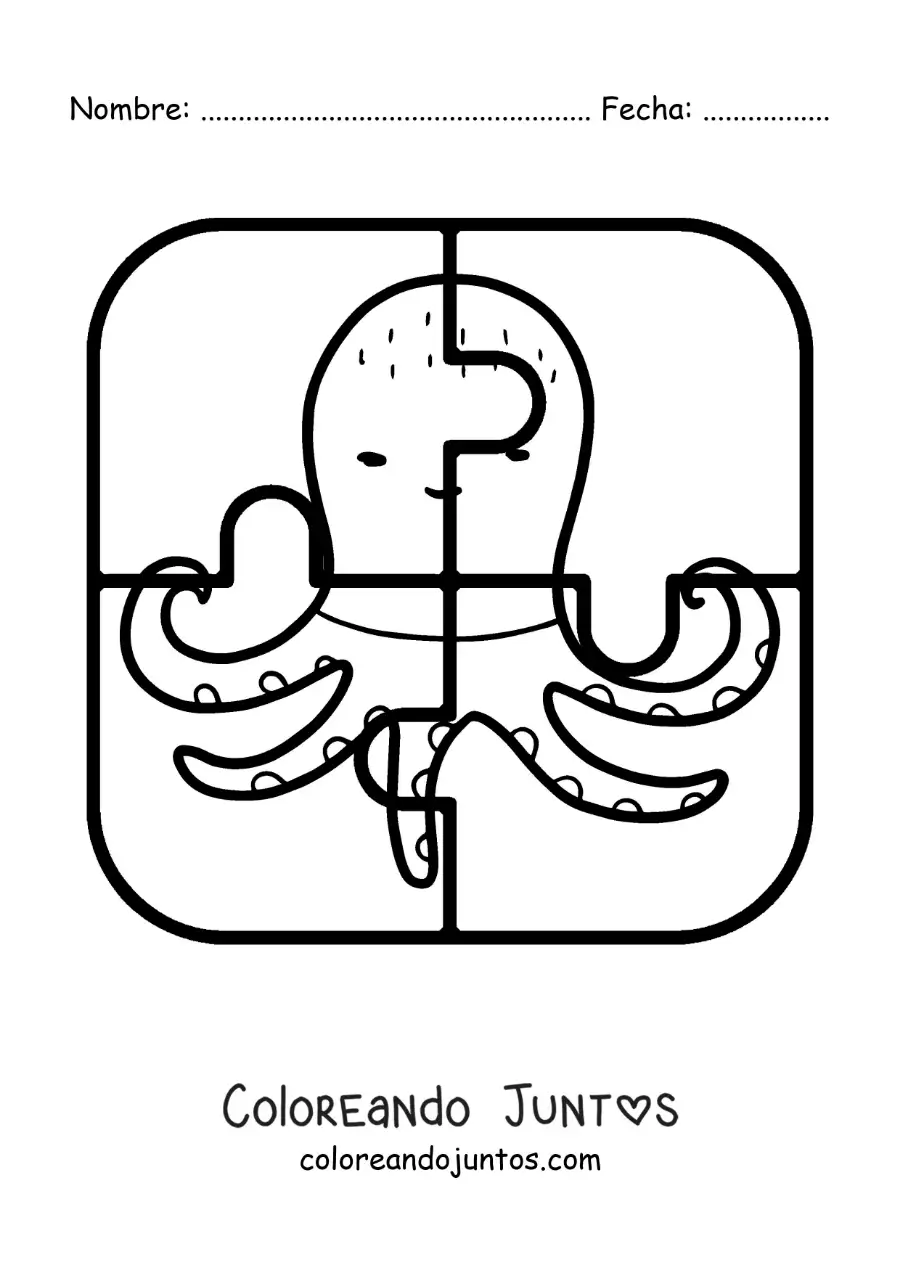 Imagen para colorear de rompecabezas recortable de 4 piezas de un pulpo animado