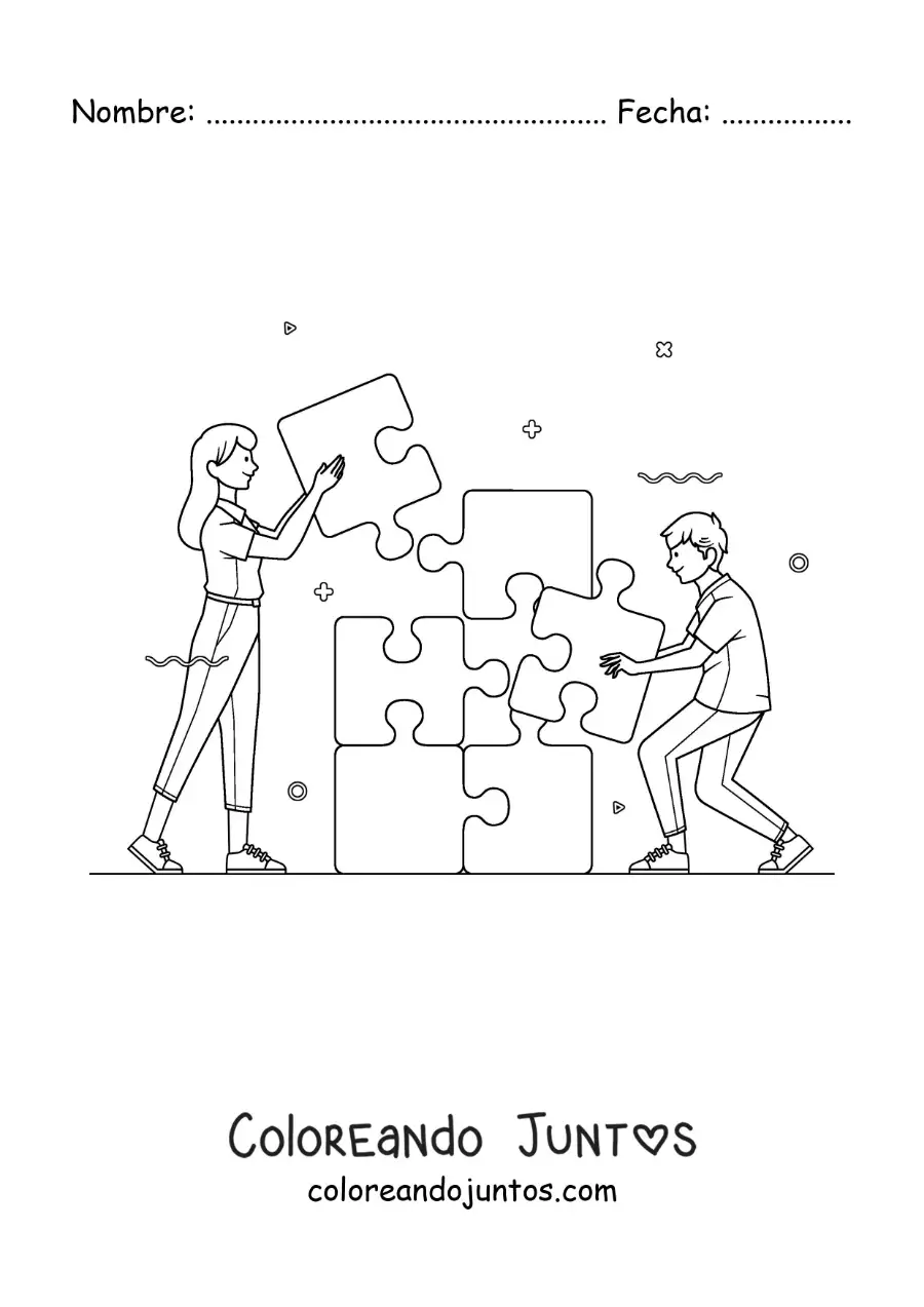 Imagen para colorear de chicos armando un puzzle