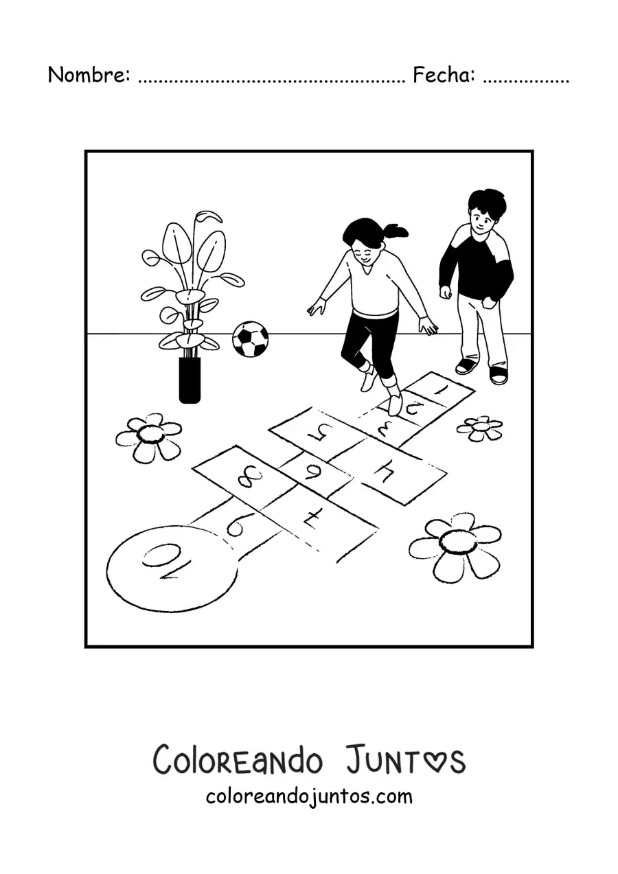 Imagen para colorear de niños jugando a la rayuela