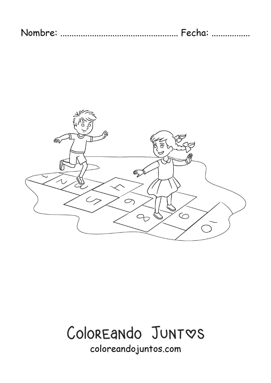 Imagen para colorear de dos niños saltando en el juego tradicional de la rayuela