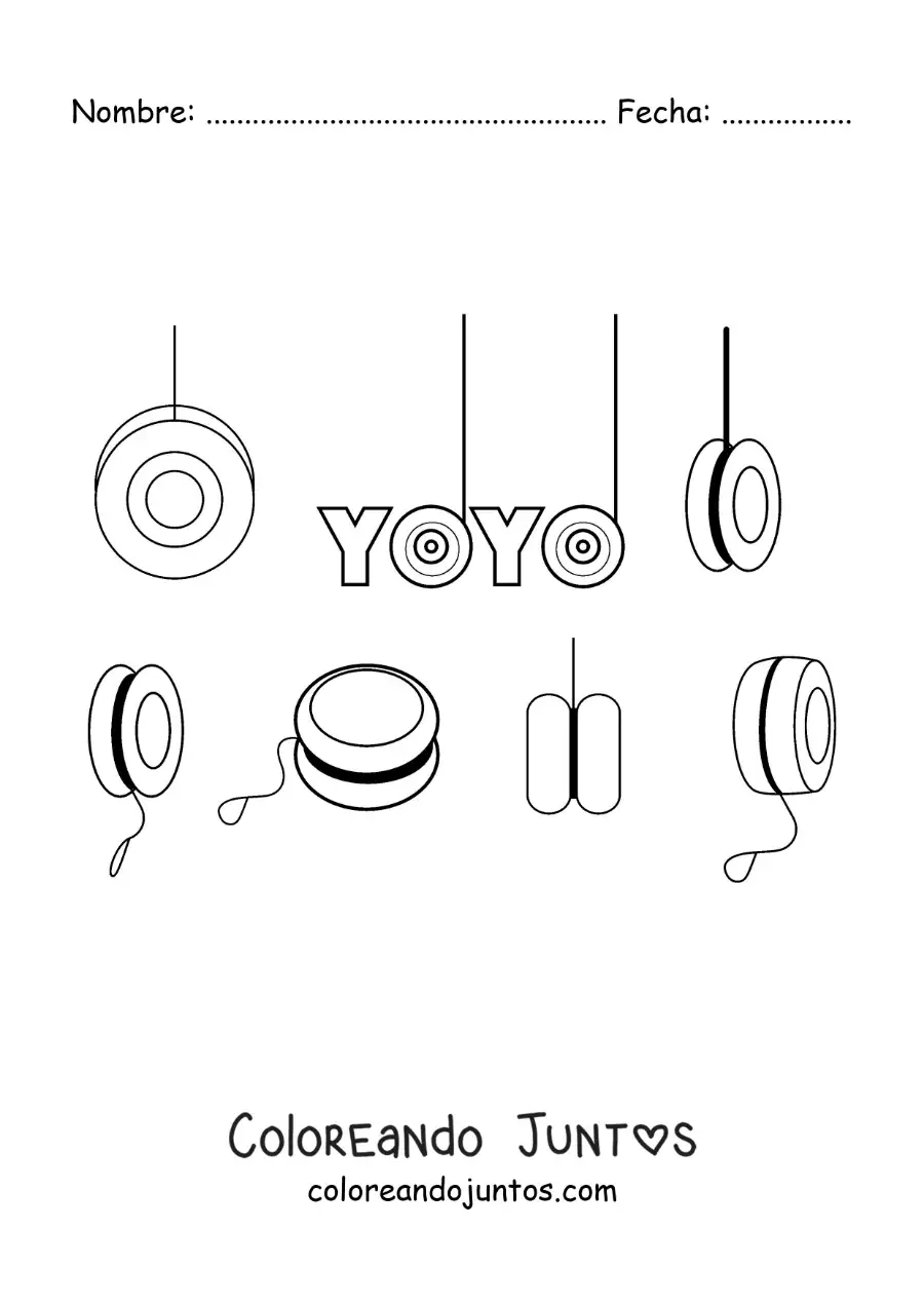 Imagen para colorear de la palabra yoyo y varios yoyos