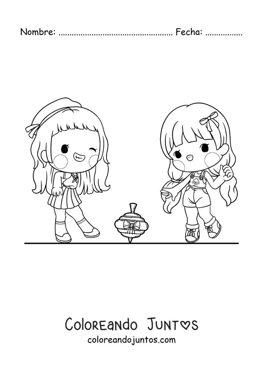 Imagen para colorear de niñas jugando con un trompo