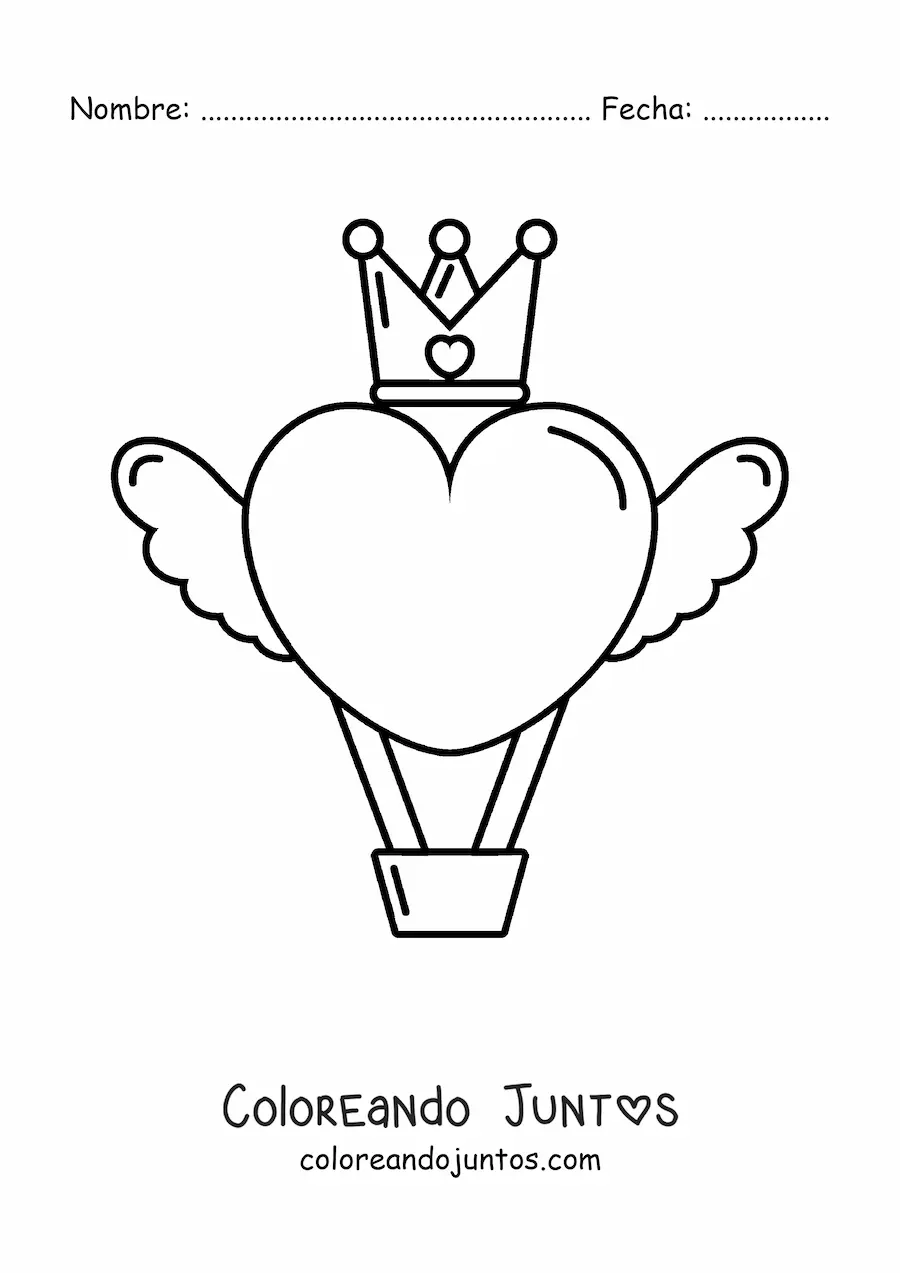 Imagen para colorear de un globo aerostático con forma de corazón alado