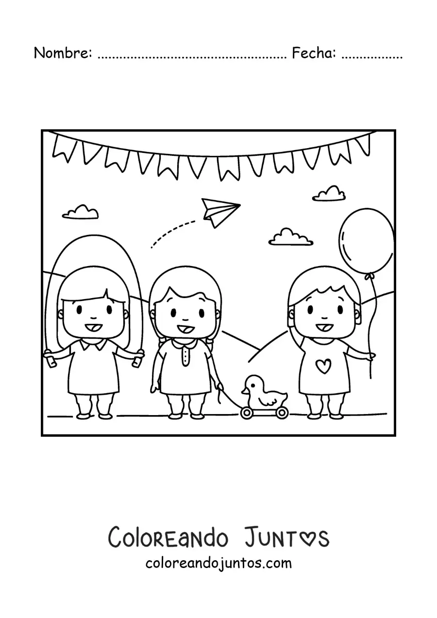 Imagen para colorear de una niña saltando la cuerda en el parque