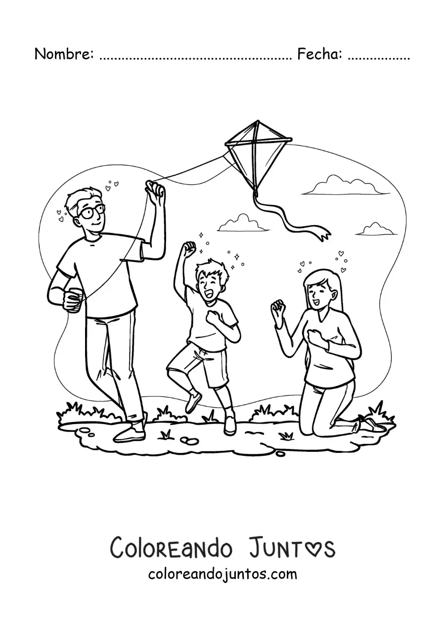 Imagen para colorear de niños volando un cometa con su papá en el parque