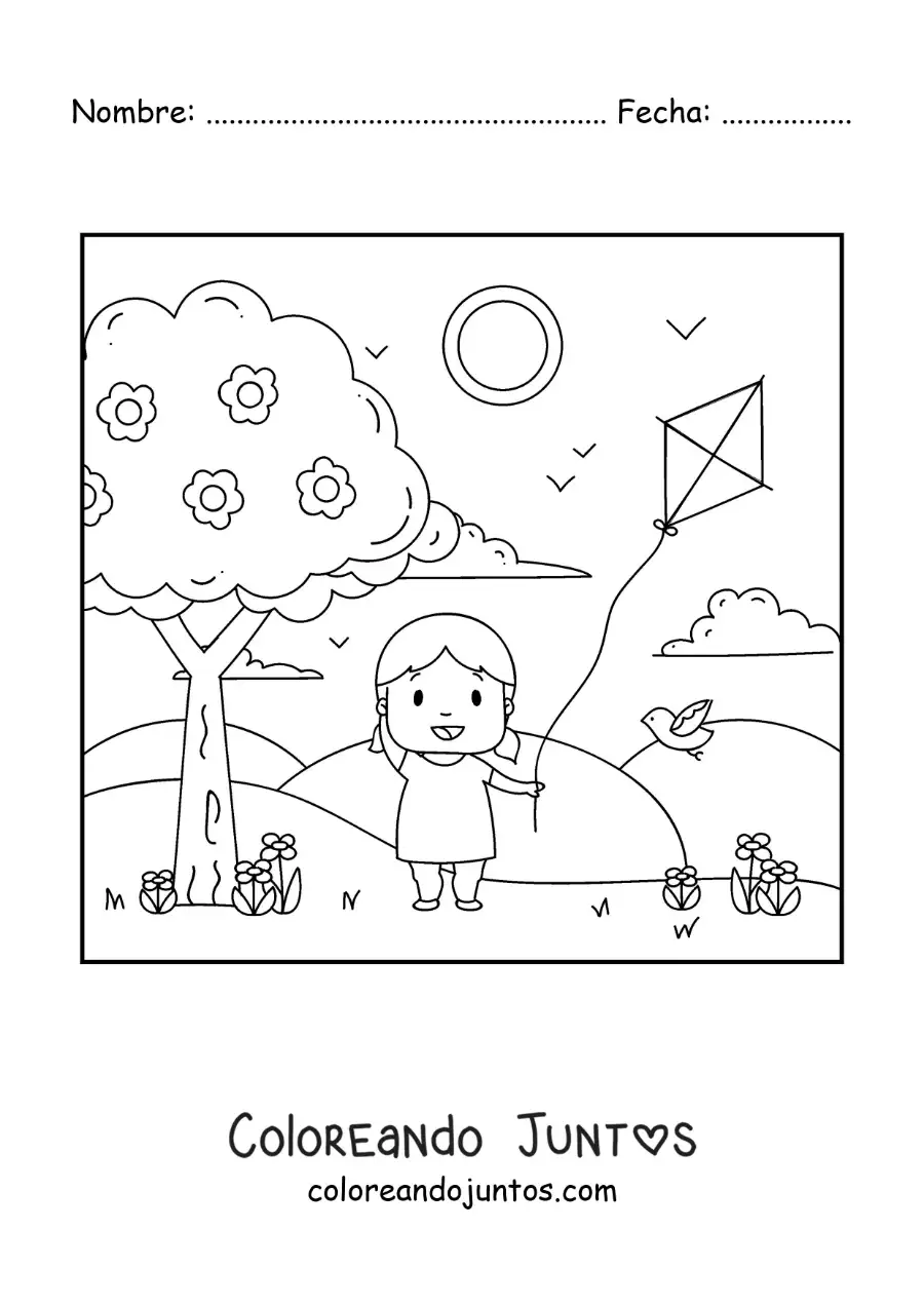 Imagen para colorear de niña volando un papalote en el parque