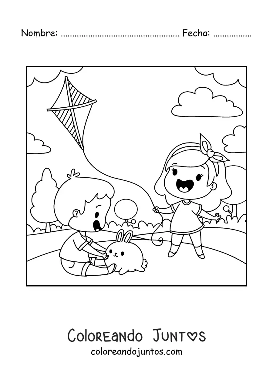 Imagen para colorear de niñas animadas volando un papalote en el parque