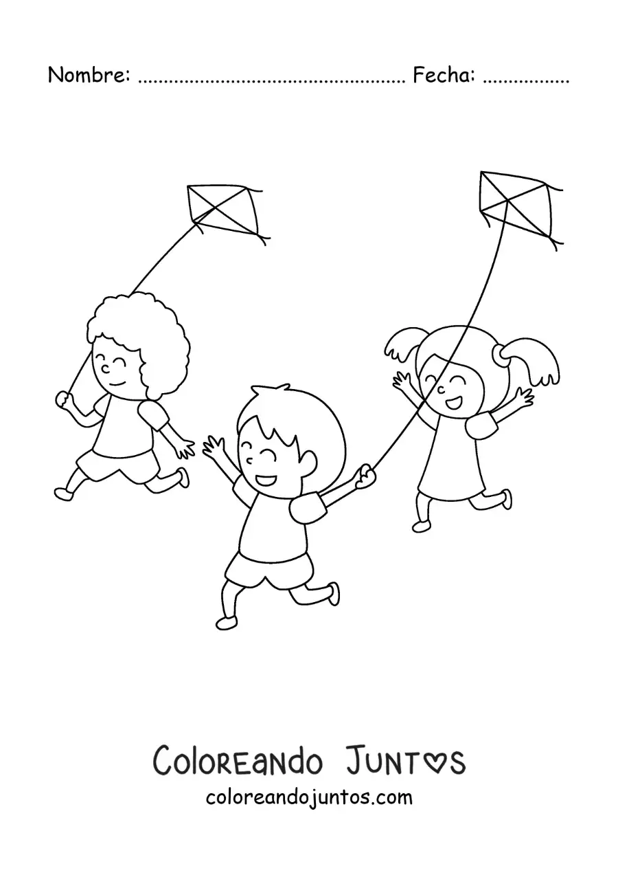 Imagen para colorear de niños corriendo volando papalotes