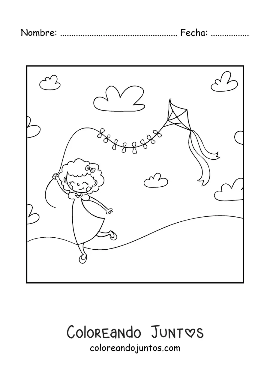 Imagen para colorear de niña animada volando un cometa de papel
