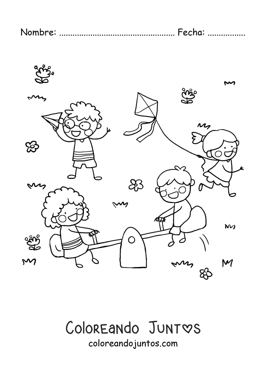 Imagen para colorear de una niña volando un cometa junto a otros niños en el parque