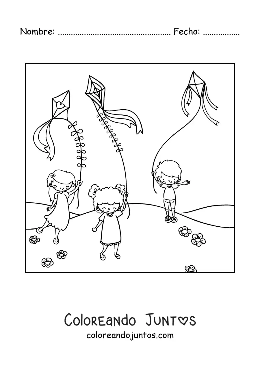 Imagen para colorear de niños volando cometas de papel en el parque