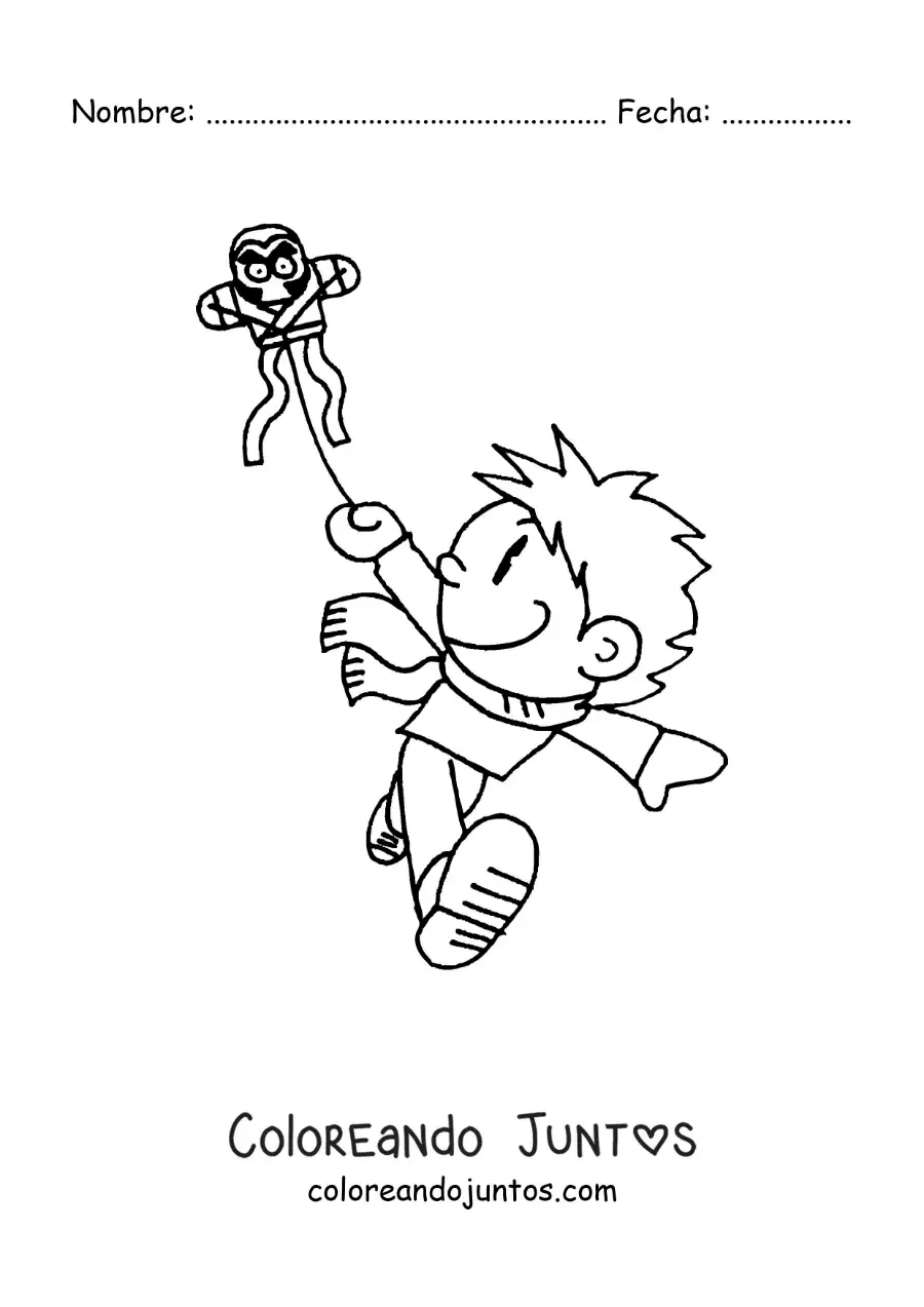 Imagen para colorear de caricatura de un niño volando un cometa