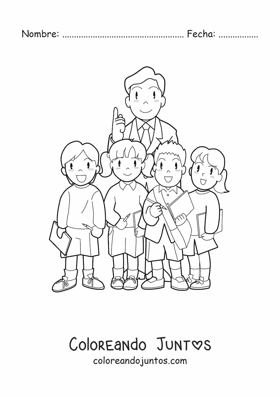 Imagen para colorear de un profesor junto a un grupo de alumnos de primaria