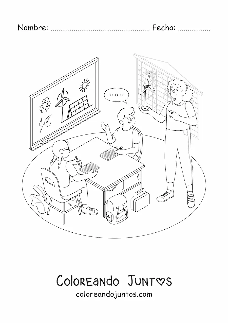 Imagen para colorear de una maestra y dos alumnos en un aula en clase