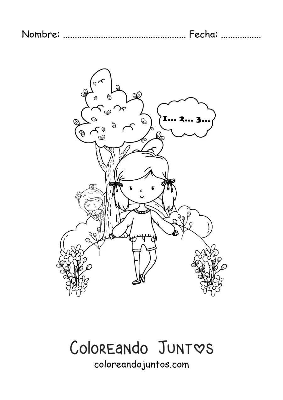 Imagen para colorear de dos niñas jugando a las escondidillas