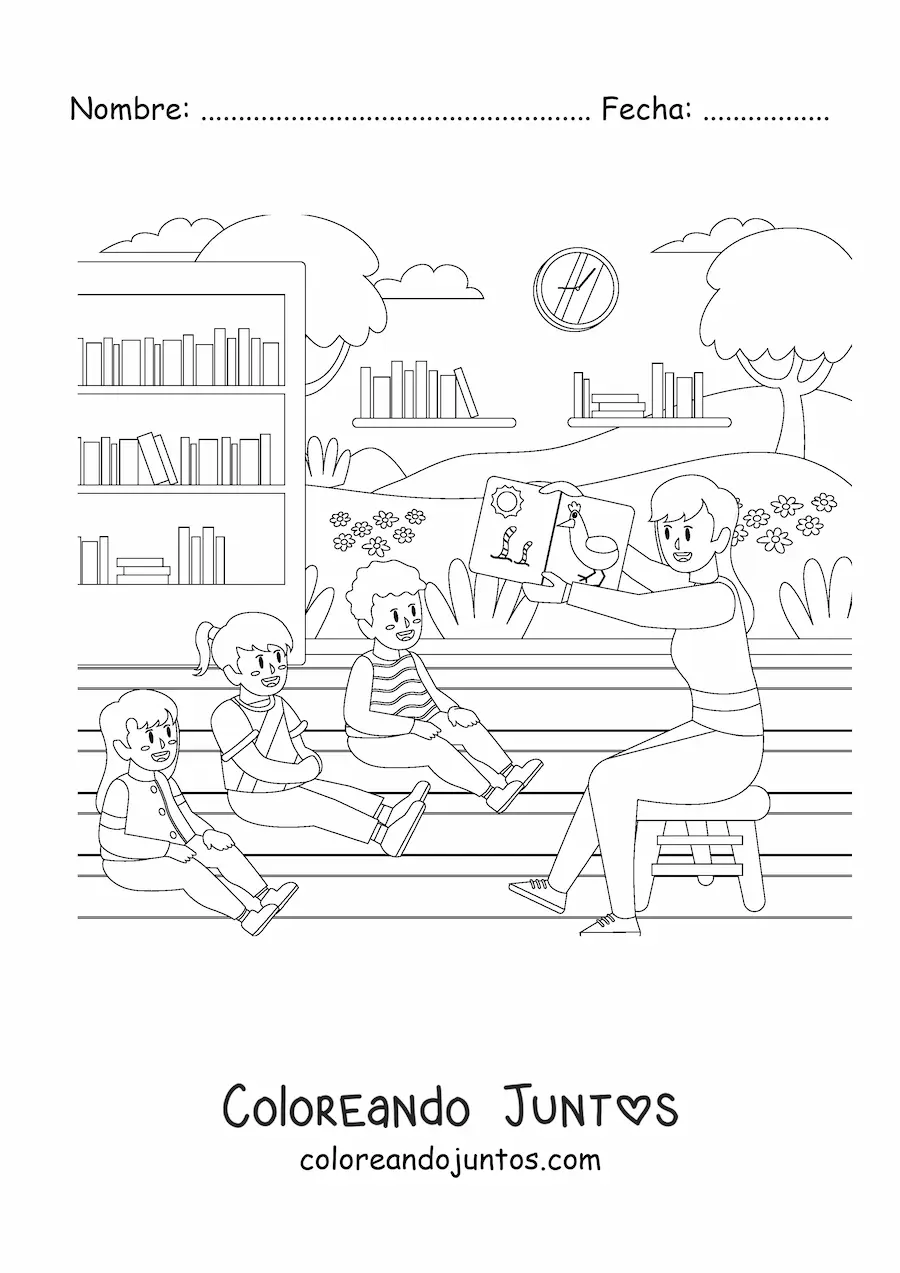 Imagen para colorear de una maestra enseñando a tres alumnos de preescolar