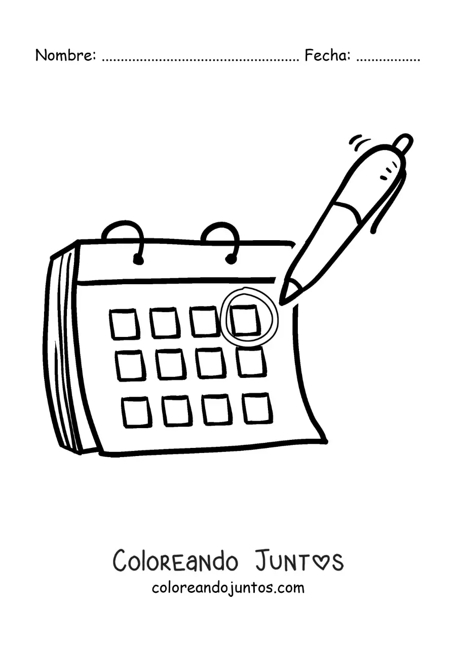 Imagen para colorear de bolígrafo marcando una fecha en el calendario