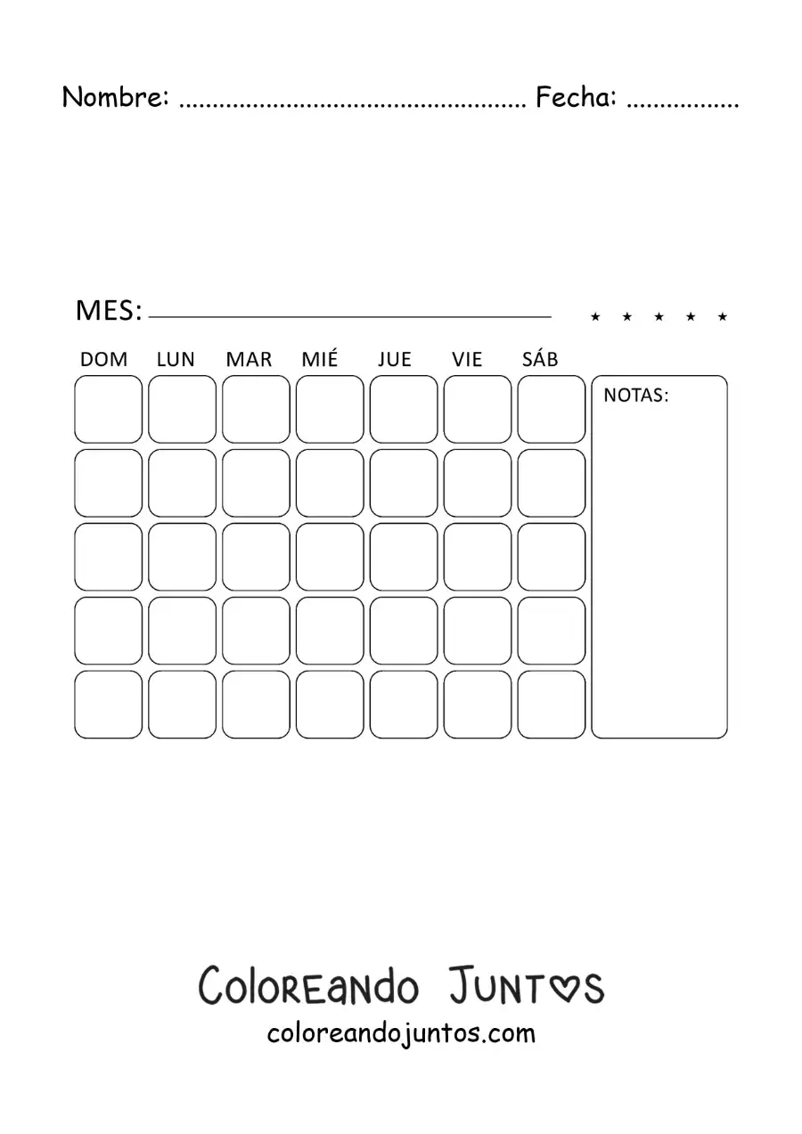 Imagen para colorear de calendario para imprimir en inglés