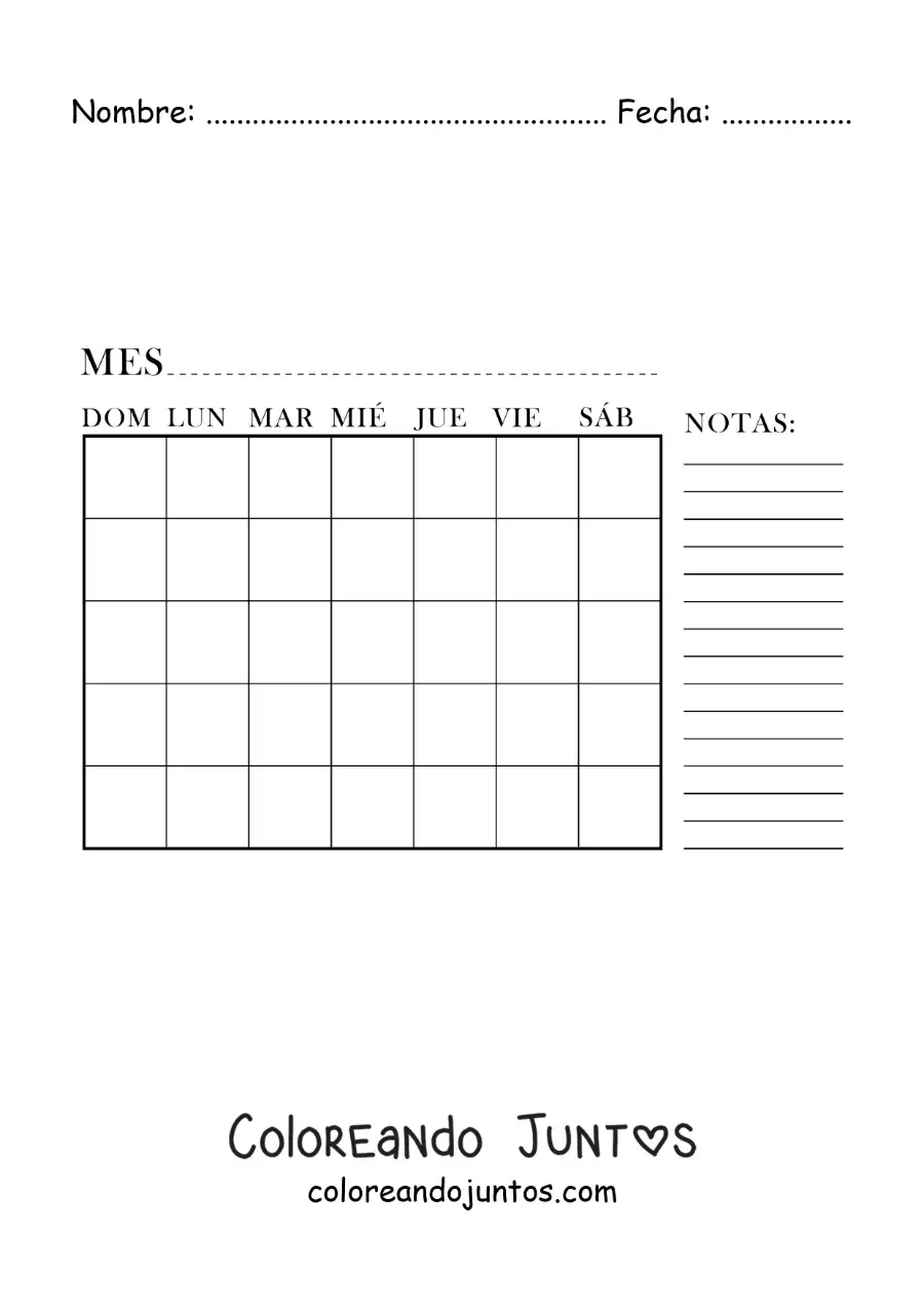 Imagen para colorear de calendario del mes