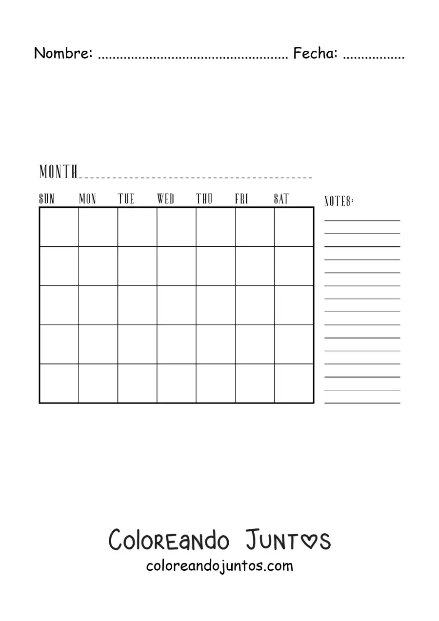 Imagen para colorear de calendario del mes en inglés