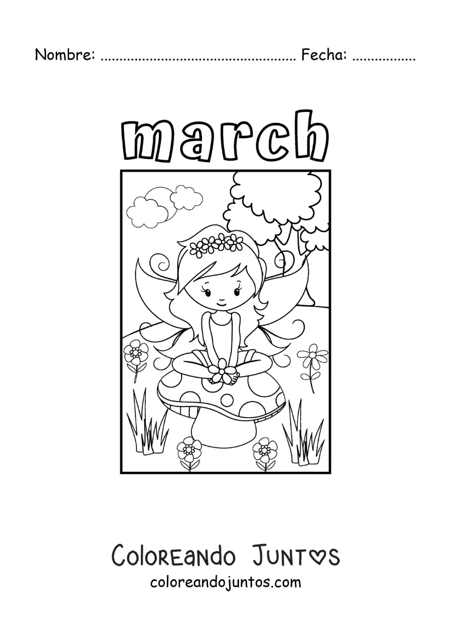 Imagen para colorear de march con hada de primavera