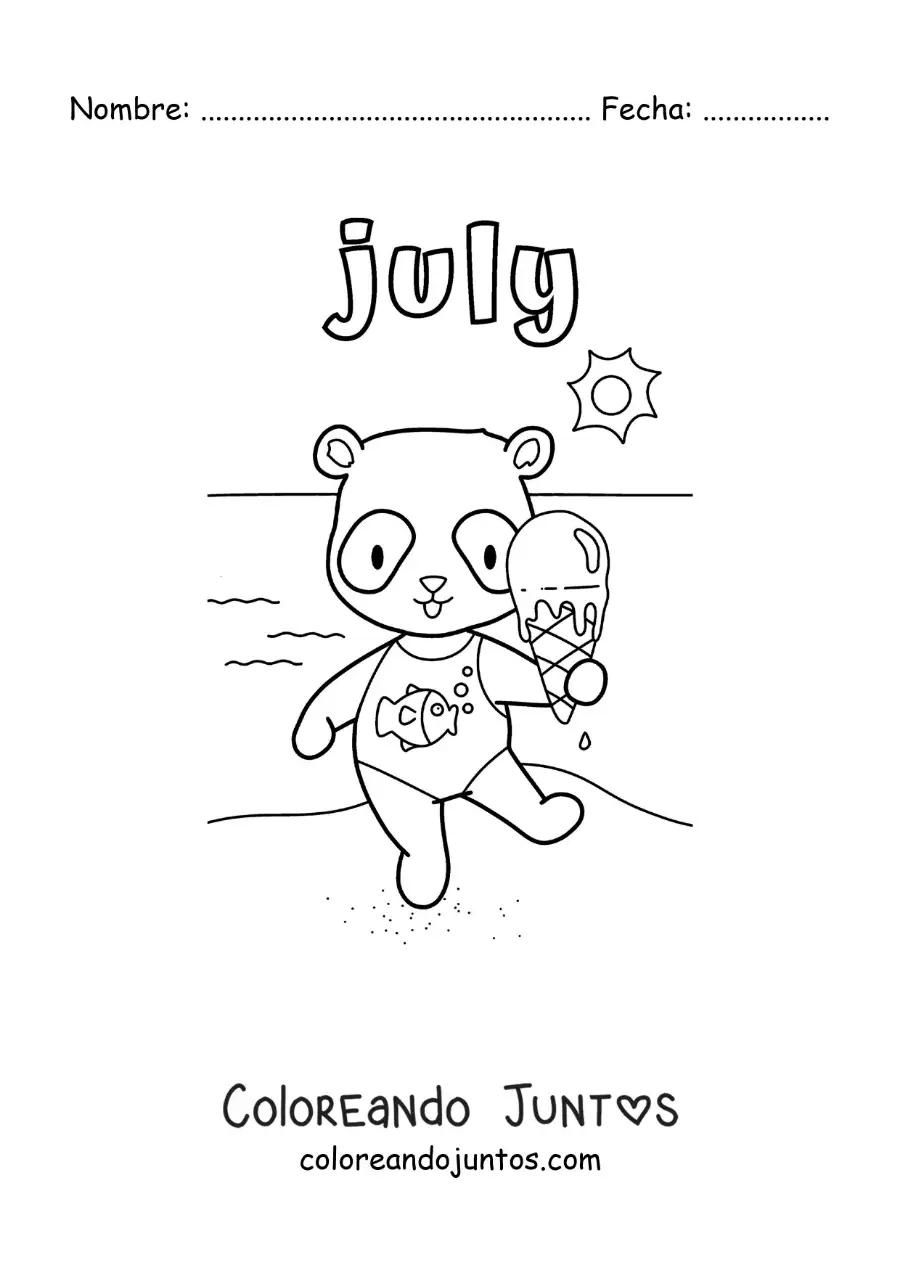 Imagen para colorear de july con un panda animado en la playa en verano