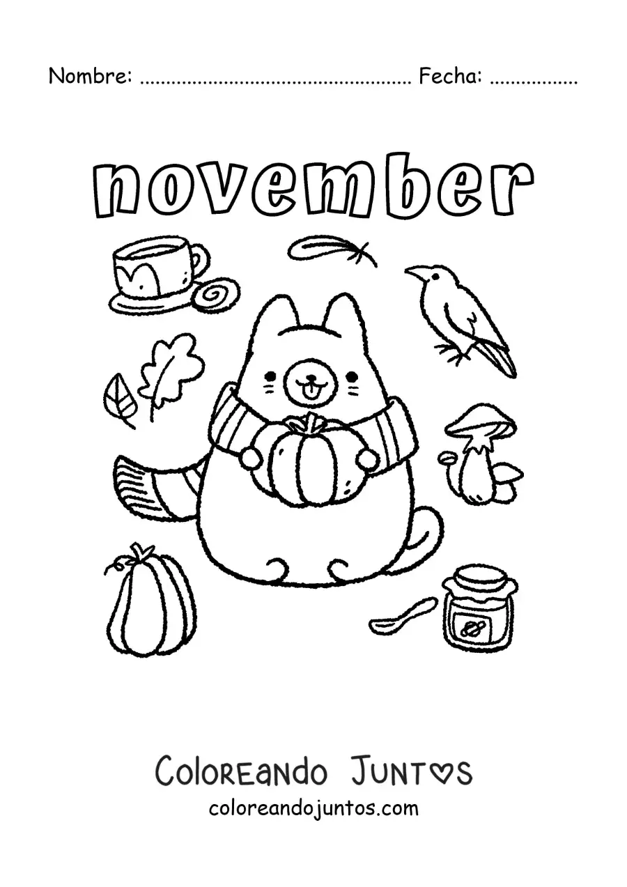 Imagen para colorear de november con un gato animado en otoño