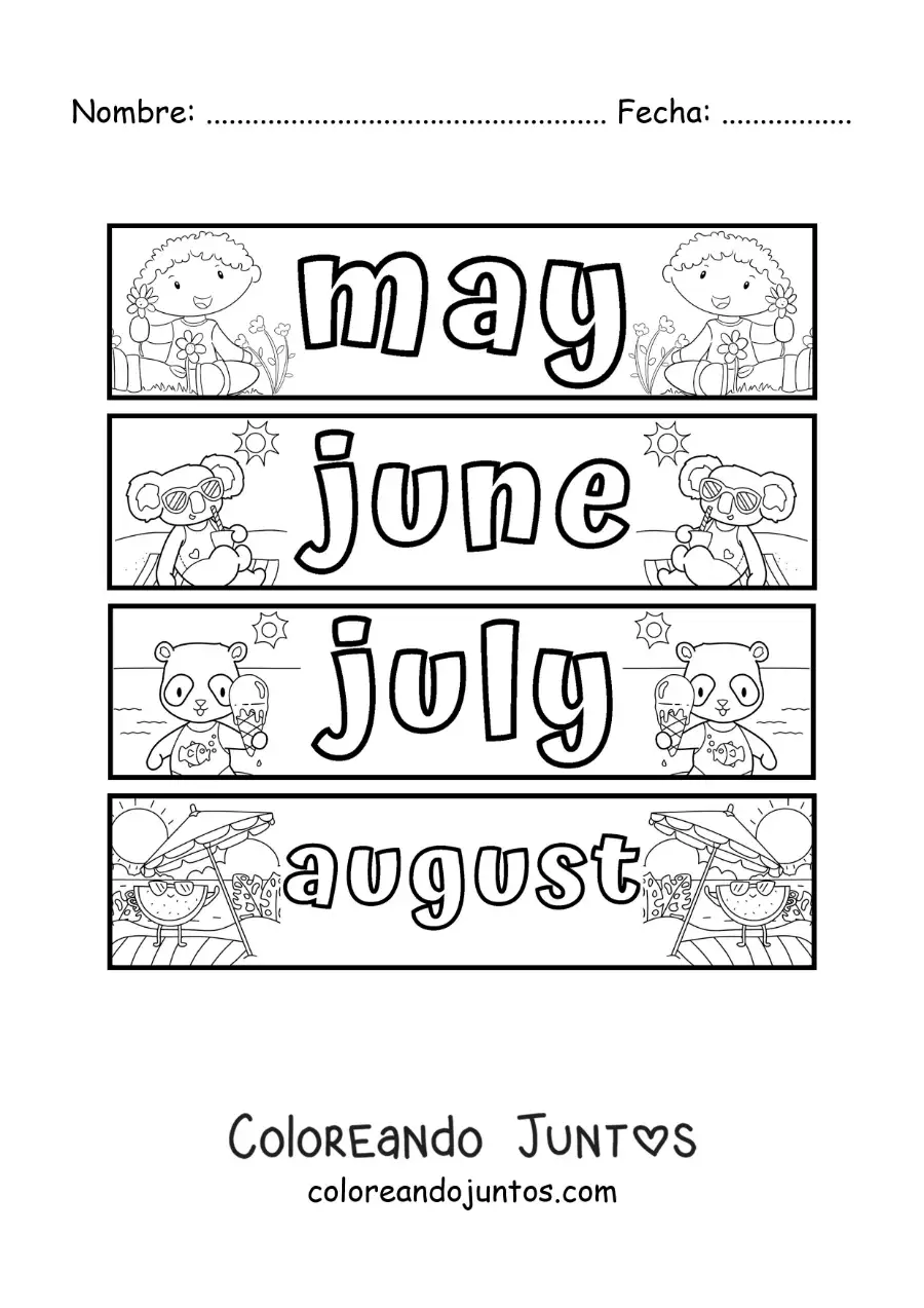 Imagen para colorear de fichas infantiles con los meses en inglés de mayo a agosto