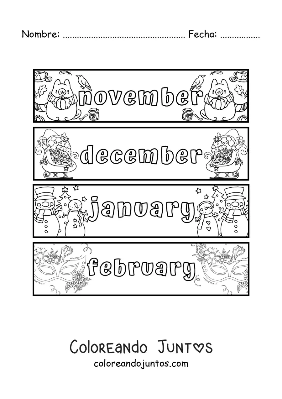 Imagen para colorear de fichas infantiles con los meses en inglés de noviembre a febrero