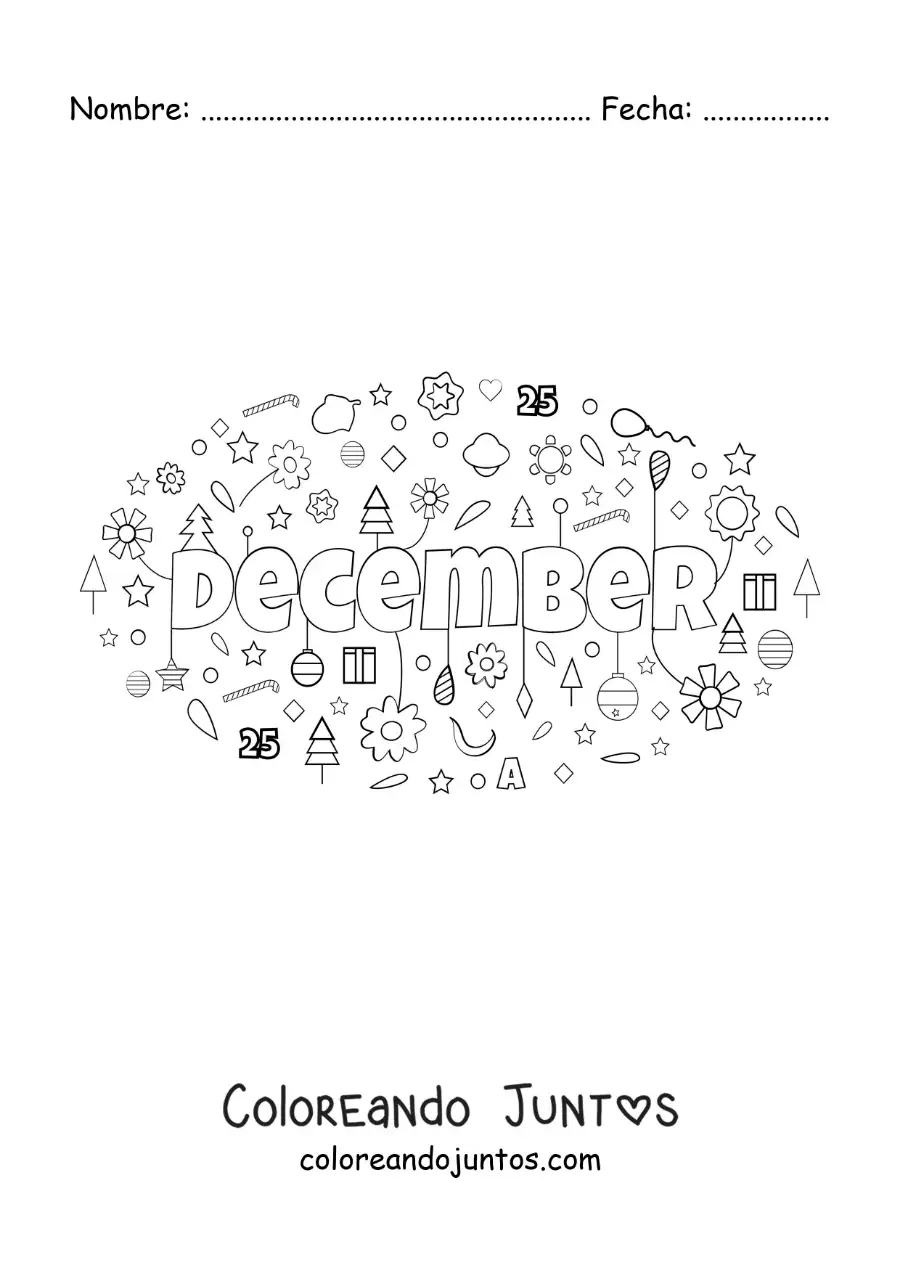 Imagen para colorear de diciembre en inglés con flores