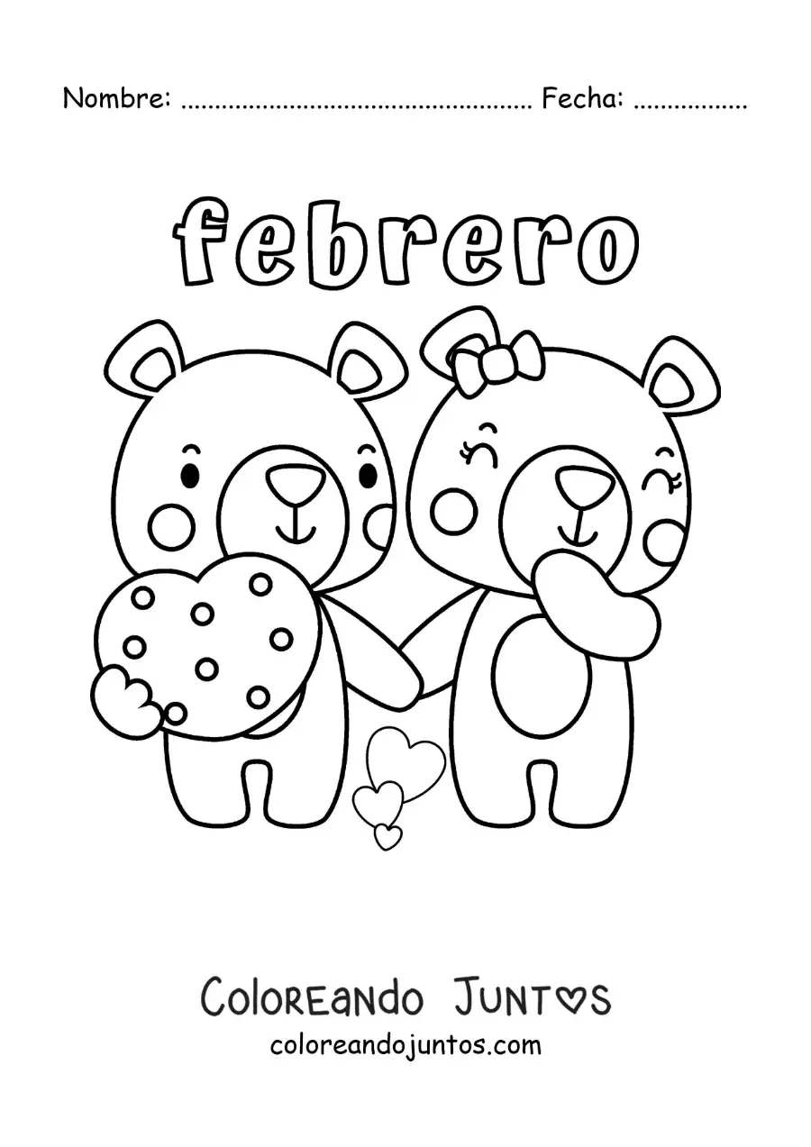 Imagen para colorear de febrero con osos de san valentín