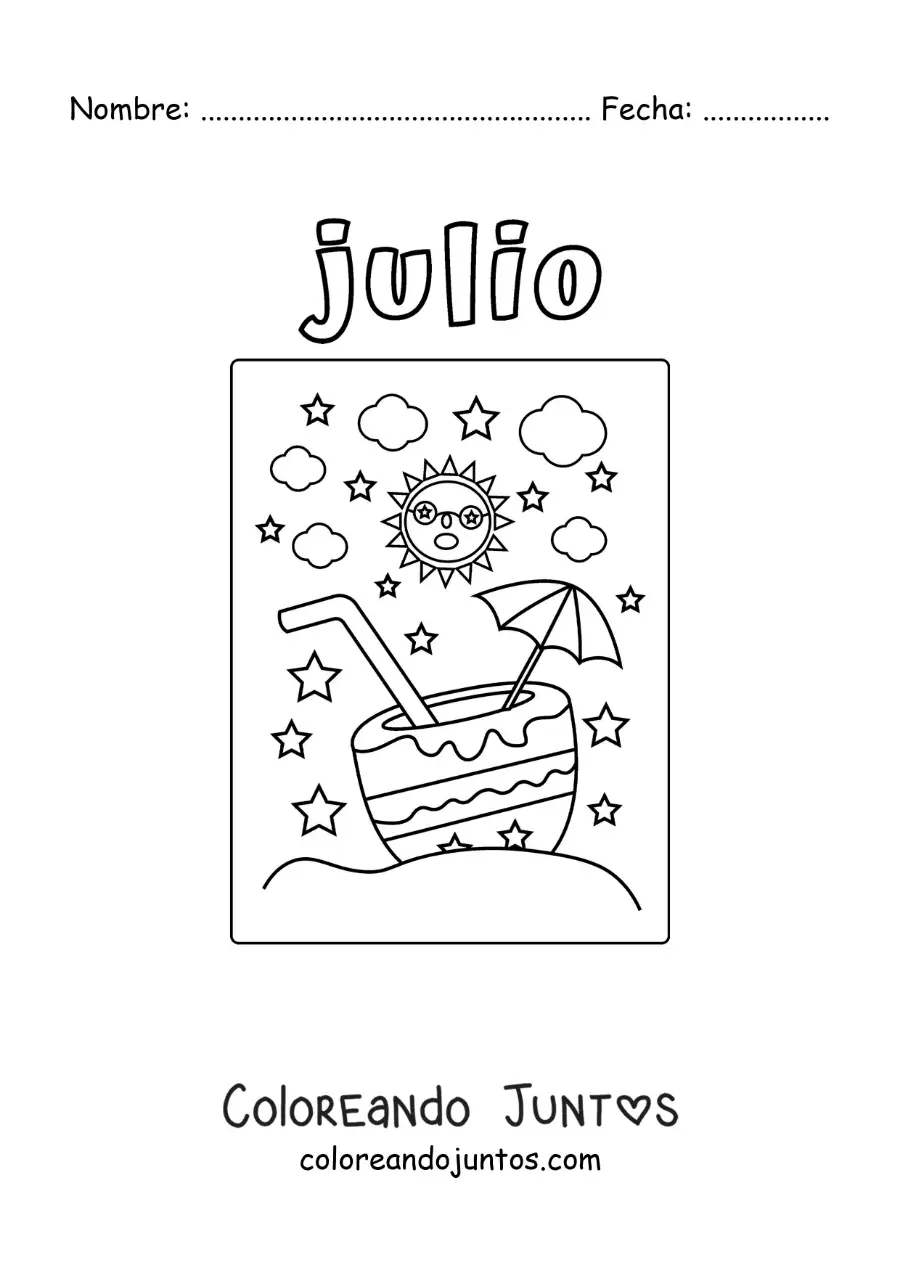 Imagen para colorear de julio con un sol animado en verano