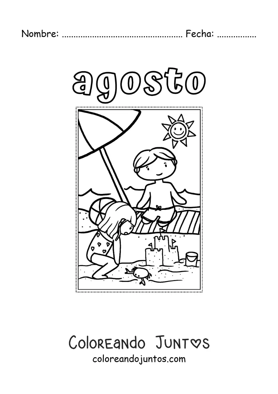 Imagen para colorear de agosto con niños de vacaciones en la playa