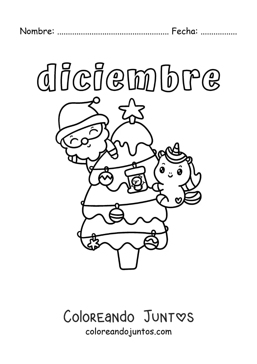 Imagen para colorear de diciembre con santa y un unicornio en el arbolito