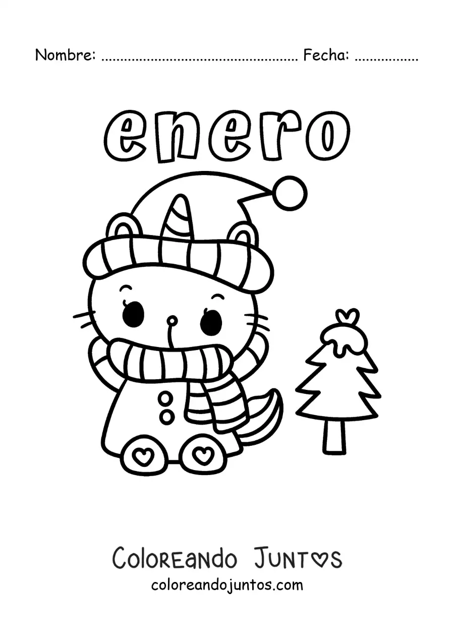 Imagen para colorear de enero con un gatito abrigado y un pino nevado